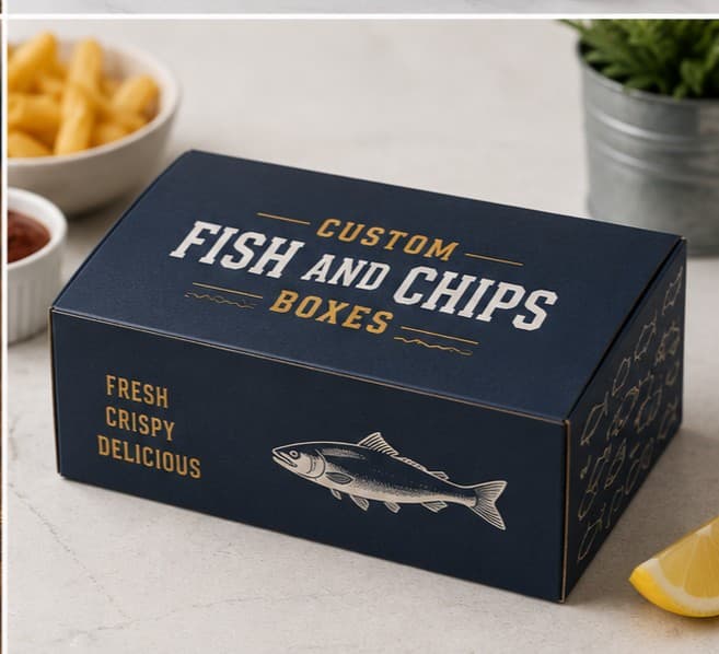 Navy printed fish and chip box with gold lettering, next to chips and a lemon wedge