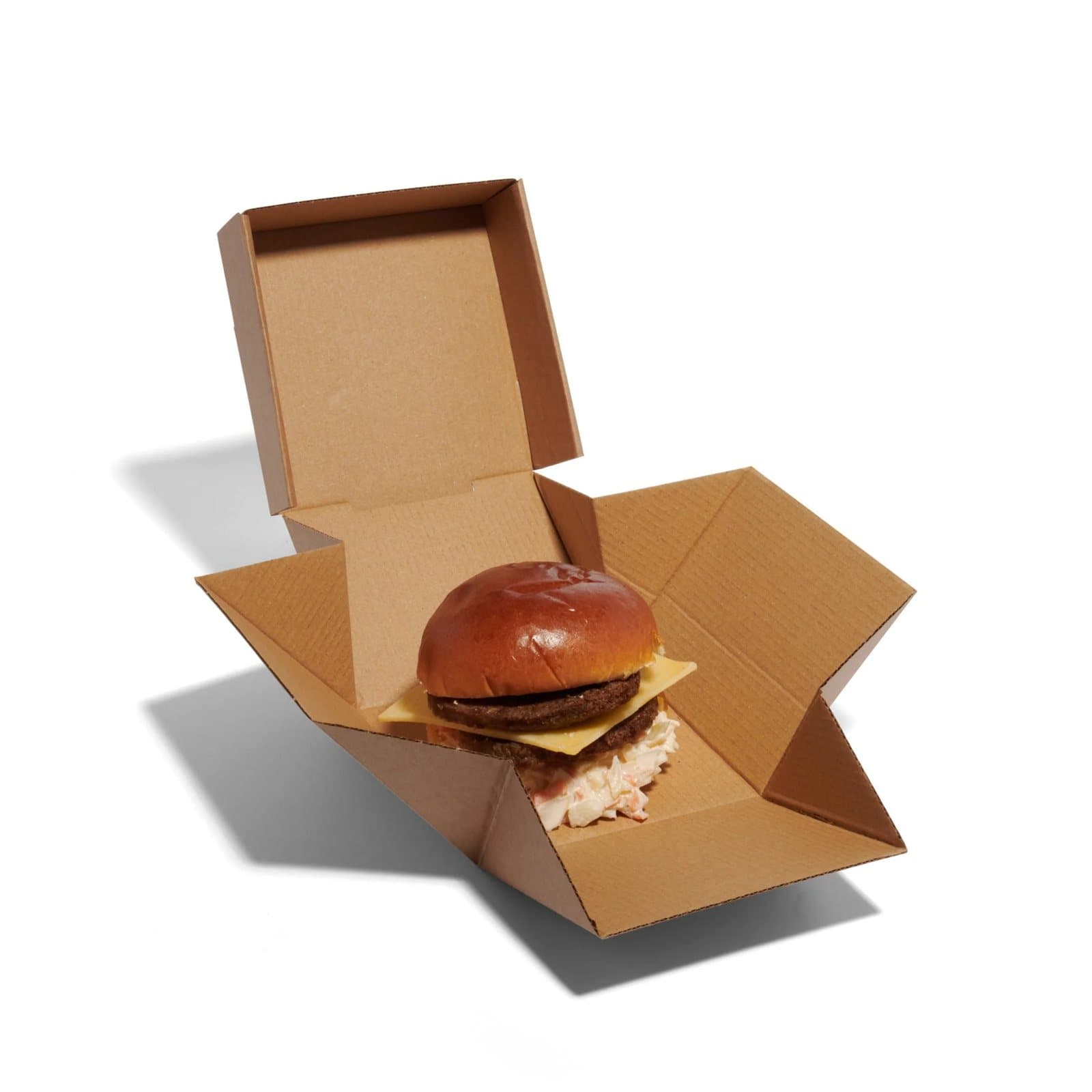Kraft flower burger box opened out with a cheeseburger inside