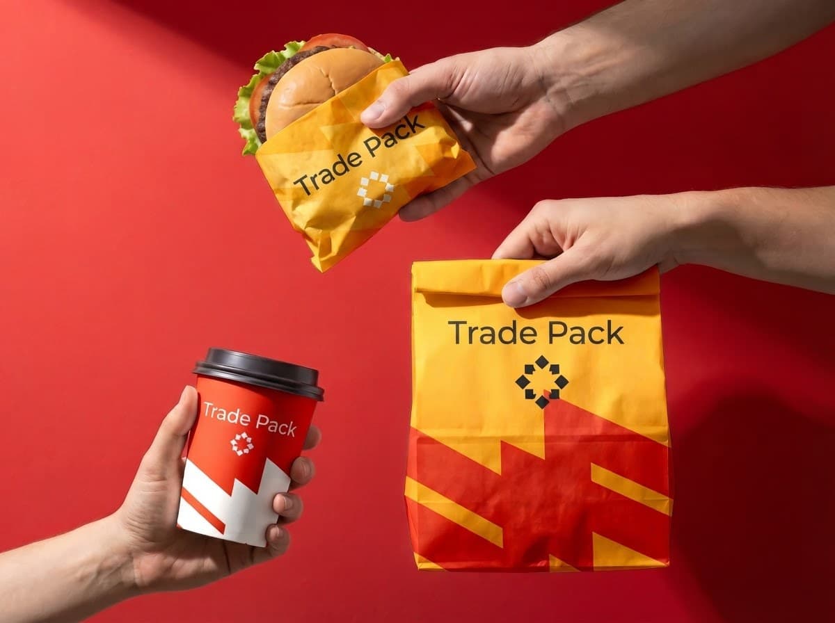 Hands holding a wrapped burger, a paper bag and a coffee cup, all printed with the same brand