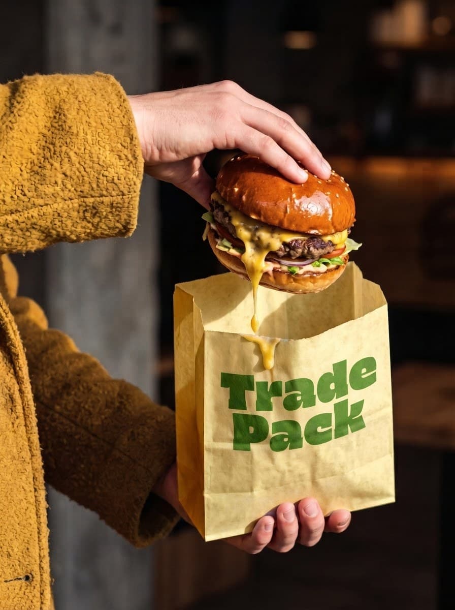 Cheeseburger being lowered into a printed kraft SOS paper bag